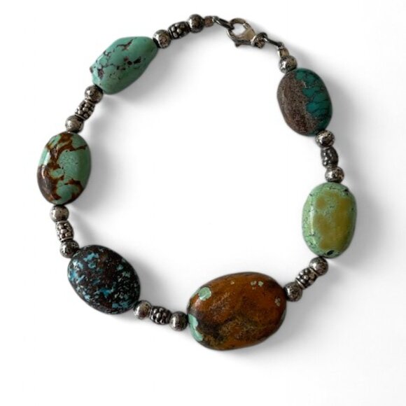Turquoise Stone Bead Oval Nugget Sterling Silver Bracelet Hand Crafted Chunky - Picture 3 of 9